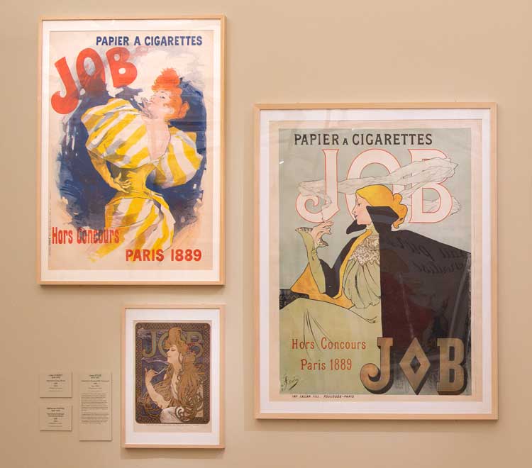 Clockwise from top left: Jules Chéret, Jane Atché and Alphonse Mucha. Posters for JOB cigarette papers, exhibition view, Art is in the Street, Musée d