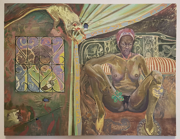 Michael Armitage, Antigone, 2018. Oil on Lubugo bark cloth, 170 × 220 cm. Installation view. Photo: Juliet Rix.