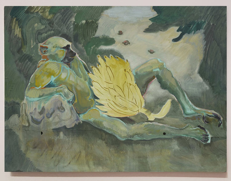 Michael Armitage, Baboon, 2016. Oil on Lubugo bark cloth, 150 x 200 cm. Installation view. Photo: Juliet Rix.