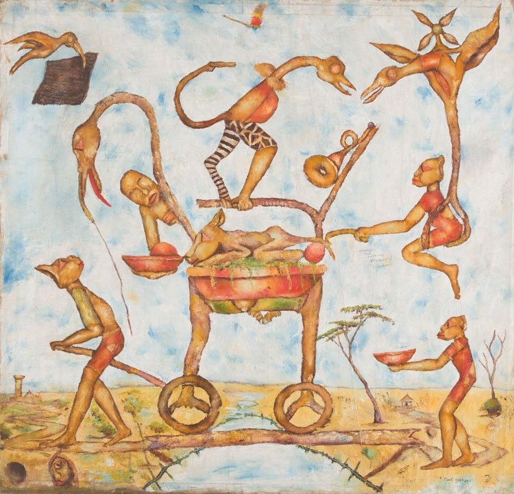 Meek Gichugu, Untitled (Brother Wise Hooking Wisdom & Freedom), c.1992. Oil on canvas, 126 x 132.5 cm. Banana Hill Art Gallery © The artist. Photo: Maximilian Geuter.