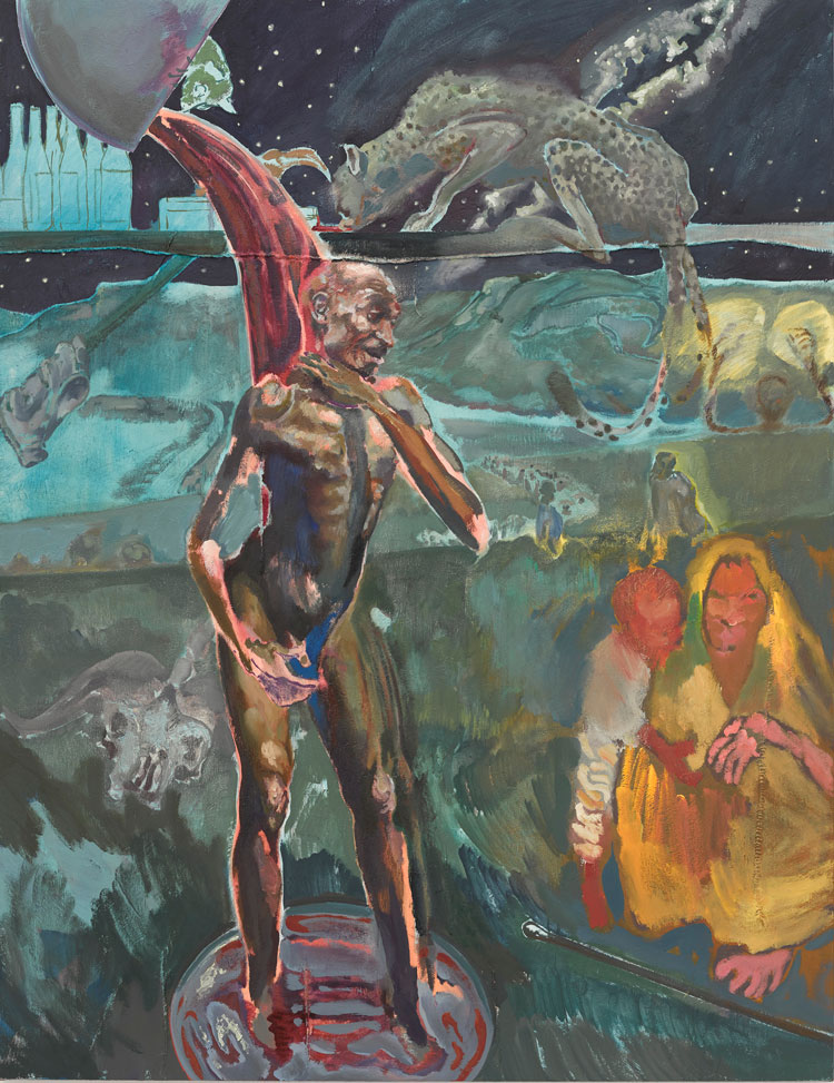 Michael Armitage, Mydas, 2019. Oil on Lubugo bark cloth, 220 x 170 cm. Courtesy of the Artist and White Cube © Michael Armitage. Photo: © White Cube (Theo Christelis).