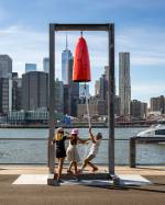 Davina Semo, Reverberation, 2020. Patinated cast bronze bell, UV protected 2-stage catalyzed urethane automotive finish, galvanized steel chain and hardware, clapper.
Presented by Public Art Fund at Brooklyn Bridge Park Pier 1, 20 August 2020 – 18 April 2021. Courtesy the artist and Jessica Silverman, San Francisco. Photo: Nicholas Knight, Courtesy of Public Art Fund, NY.