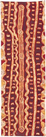 Neville Japangardi Poulson, <em>Janganpa Jukurrpa </em>(<em>M</em><em>arsupial mouse Dreaming</em>), 1986. Batik on cotton, 259.5 x 85.0 cm. National Gallery of Victoria, Melbourne. Presented through The Art Foundation of Victoria by Peter and Thea Toyne, Members, 1995 &copy; Neville Napangardi Poulson Courtesy of Warlukurlangu Artists, NT