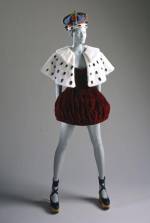 Queen-ish Ensemble. Vivienne Westwood (British, b. 1941). Harris Tweed collection autumn/winter 1987-88. Burgundy cotton velvet with blue wool piping; faux ermine fur; black leather and natural wood; faux ermine fur and multicolored felted wool crown. Los Angeles County Museum of Art, Costume Council Fund, M.2002.97a-f. Photography &copy; 2002 Museum Associates/LACMA.