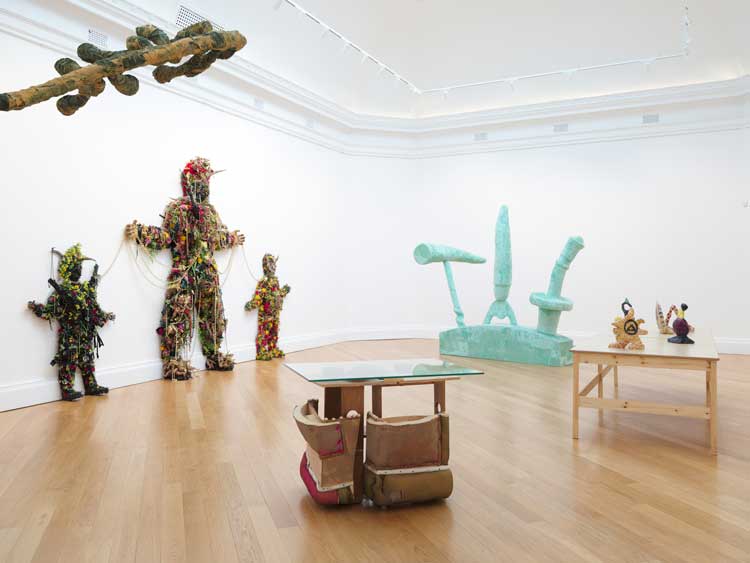 These Mad Hybrids, featuring: Caroline Achaintre, Eric Bainbridge, Phyllida Barlow, Olivia Bax, John Hoyland, Hew Locke, Anna Reading, Jessi Reaves, Andrew Sabin, John Summers and Chiffon Thomas. Installation view at RWA, Bristol, 2024. Photo: Tim Bowditch.