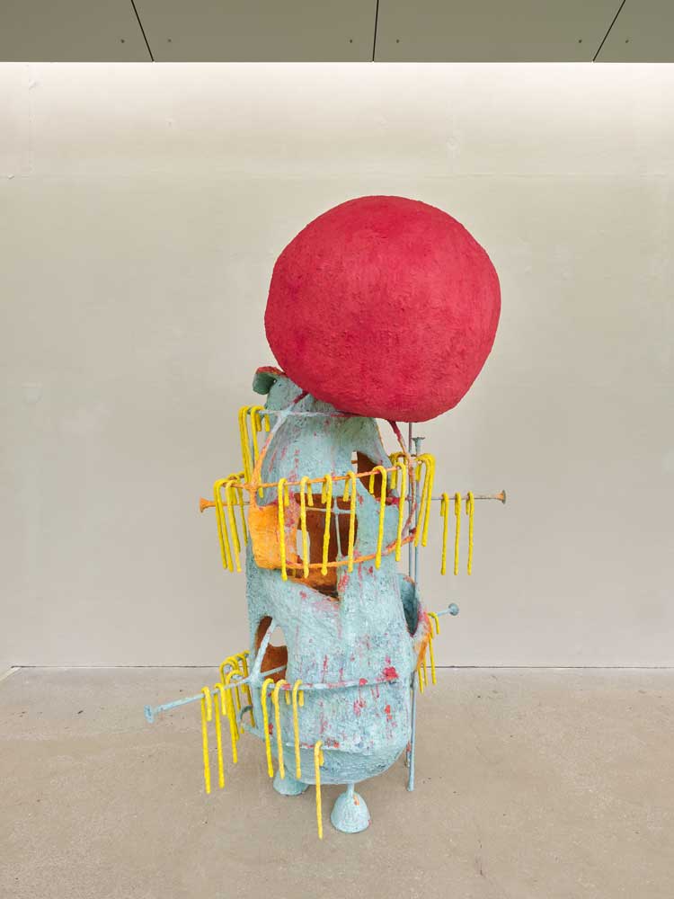 Olivia Bax. Great Catch, 2024. Steel, chicken wire, plaster, paper, epoxy clay, PVA, household paint, steel funnels, drain covers, tent hooks, beach ball, 213 x 140 x 166 cm. Photo: Tim Bowditch.