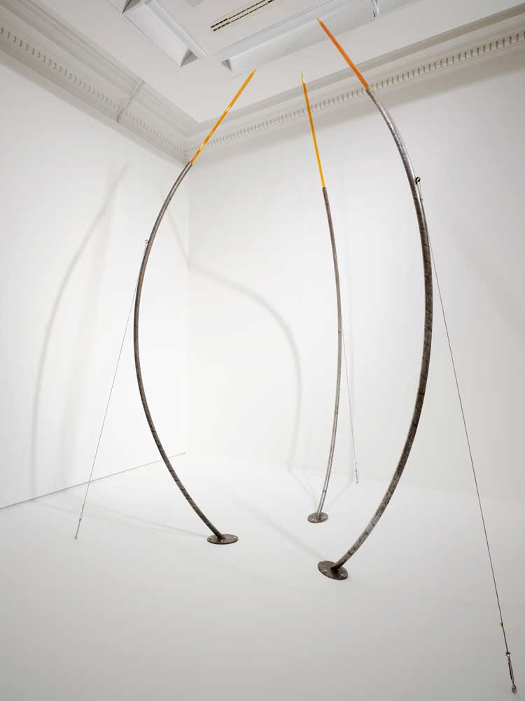 Hamad Butt, Familiars 2: Hypostasis, 1992. Liquid bromine, glass, steel, steel wire. Overall display dimensions variableExhibition view, Hamad Butt: Apprehensions, IMMA, 2024. Courtesy of the Irish Museum of Modern Art (IMMA). Photo: Ros Kavanagh.