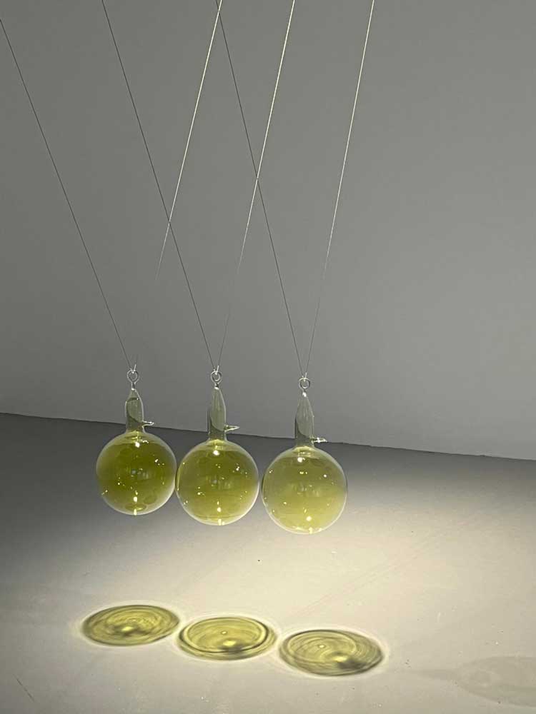 Hamad Butt, Familiars 3: Cradle, 1992. Vacuum-sealed glass, crystal iodine, liquid bromine, cholerine gas, water and steel. Overall display dimensions variable. Exhibition view, Hamad Butt: Apprehensions, IMMA, 2024. Courtesy of the Irish Museum of Modern Art (IMMA). Photo: Veronica Simpson.
