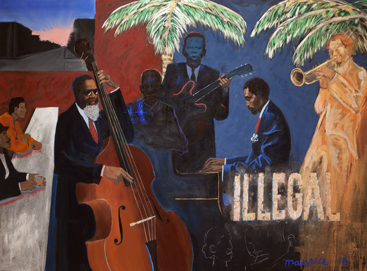 Maurice Burns. Illegal, 2018. Oil on canvas, 56 x 76 x 1 1/2 in. Image courtesy the artist and Gerald Peters Contemporary.