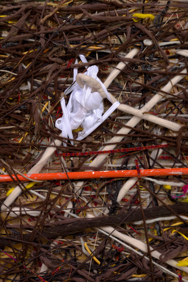 Detail of Alvaro Barrington Worked all day and night as a garbageman so they could be fresh and send money back home, 2019. Mixed media on Burlap, 188 x 182.9 cm. Copyright Alvaro Barrington, courtesy Galerie Thaddaeus Ropac, London • Paris • Salzburg.