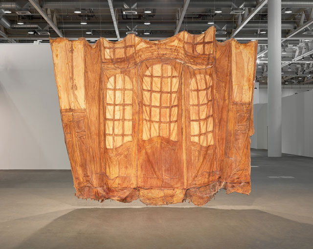 Heidi Bucher. Kleines Glasportal, Bellevue Kreuzlingen (Small glass portal, Bellevue Kreuzlingen), 1988. Textile, latex, approx 340 x 465 cm (133¾ x 183 in) . Estate of Heidi Bucher. Installation views at Art Basel Unlimited, 2016. Photo: Robert Glowacki, courtesy The Approach, London.