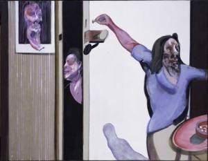 <i>Three Studies of Isabel Rawsthorne</i>, 1967. Oil on canvas (triptych). 
        Three panels, each 35.5 x 30.5 cm. Private collection © The Estate 
        of Francis Bacon / DACS, London, 2005