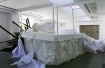 Matthew Barney. <em>Holographic Entry Point,</em> 2005. Self-lubricating plastic, polycaprolactone thermoplastic, shrimp shells, sea shells, cement, wood, steel, stainless steel, expanded polystyrene, vivac, pigment, acrylic paint, acrylic medium, sand, aquaplast, PVC. Installation at the Serpentine Gallery, London. Photograph &copy; Hugo Glendinning