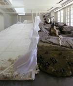 Matthew Barney. <em>Holographic Entry Point,</em> 2005. Self-lubricating plastic, polycaprolactone thermoplastic, shrimp shells, sea shells, cement, wood, steel, stainless steel, expanded polystyrene, vivac, pigment, acrylic paint, acrylic medium, sand, aquaplast, PVC. Installation at the Serpentine Gallery, London. Photograph &copy; Hugo Glendinning