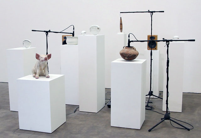 Oliver Beer. Making Tristan (for London), 2016. Live installation, including Greek alabastron from 6th century BC, a Roman-Palestinian cooking pot from 1st century BC, artist’s grandfather’s ceramic pig and grandmother’s chamber pot; microphones, mixer and speakers. Photograph: Martin Kennedy.
