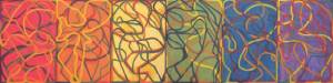 Brice Marden. <em>The Propitious Garden of Plane Image</em>, <em>Third Version</em> 
(Photographed unfinished in May 2006)
2000-06. Oil on linen. Six panels, overall 72 x 288 in (182.9 x 731.5 cm).
Collection the artist. Courtesy Matthew Marks Gallery, New York
&copy; 2006 Brice Marden/Artists Rights Society (ARS), New York.