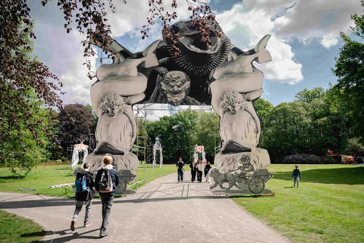 Proscenium Arches, 2026. Exhibition view, Monster Chetwynd, A Friends Making Machine, Courtesy: the artist and Middelheim Museum, Antwerp. Photo: Tom Cornille.