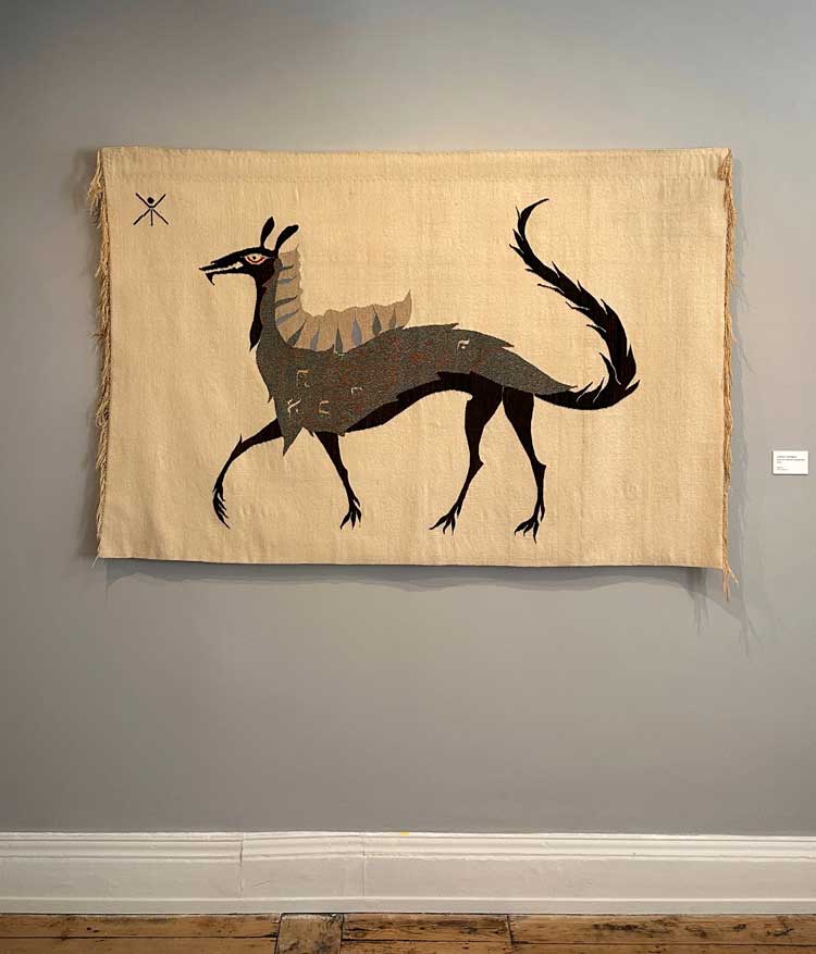 Leonora Carrington. Beast on Oatmeal Background, 1956. Tapestry, 160 x 100 cm. Private Collection. Installation view, Newlands House Gallery, 12 July – 26 October 2024. Image courtesy Newlands House Gallery.