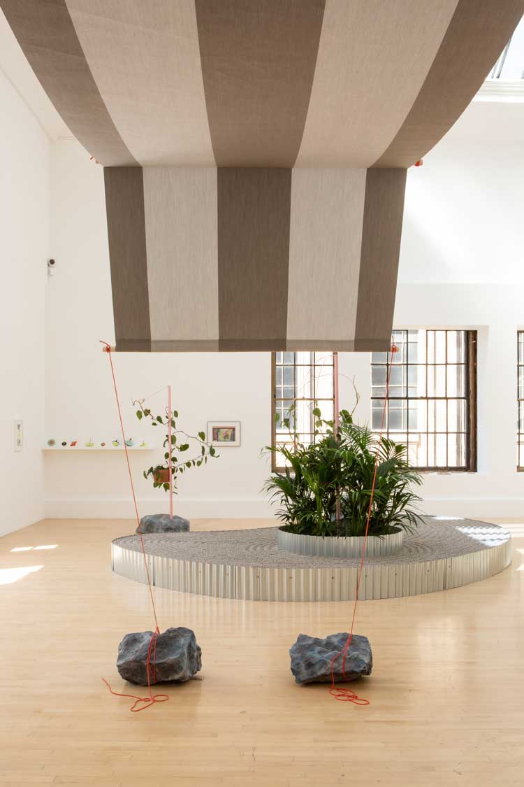 Céline Condorelli, Brise Soleil (2020), awning fabric, cotton rope. Installation view, Céline Condorelli: After Work, Talbot Rice Gallery, University of Edinburgh. Courtesy the artist and Talbot Rice Gallery. Photo: Sally Jubb.