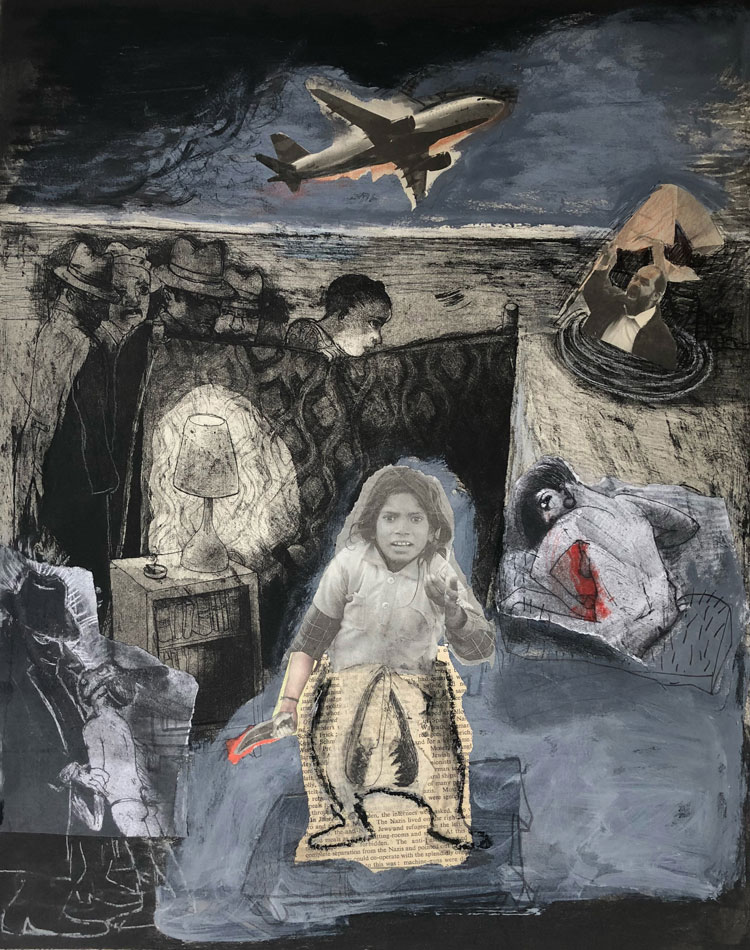 Marcelle Hanselaar. Nobody is innocent anymore, 2013. Etching, collage, mixed media, 50 x 40 cm, paper 70 x 56 cm. © the artist.
