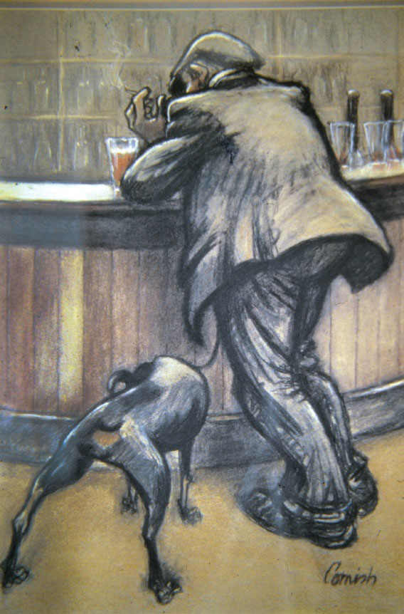 Norman Cornish. Man at Bar with Dog, undated. Mixed media, 62 x 42 cm. © Courtesy of Norman Cornish Estate.