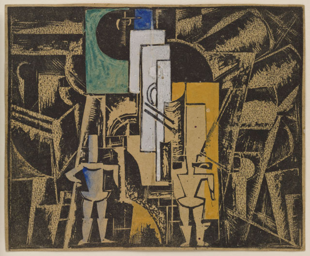 Vera Ermolaeva. Design for Futuristic Opera Victory over the Sun, 1920. Woodcut with watercolour additions, 6 5/8 x 7 15/16 in (16.8 x 20.2 cm). The Museum of Modern Art, New York. Larry Aldrich Fund, 1977.