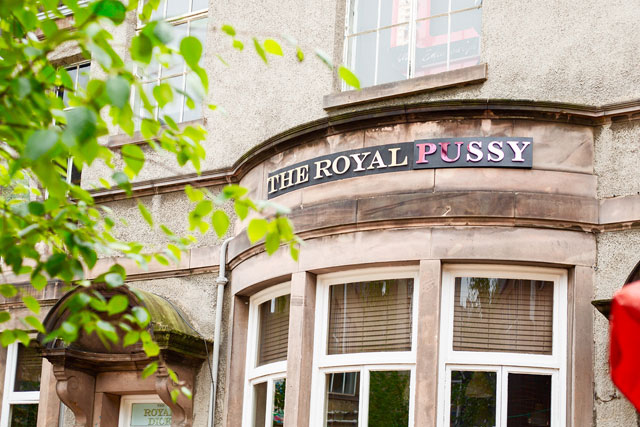 Tamsyn Challenger. The Royal Pussy, 2018. Fabricated metal overlay sign, ply, spray paint.