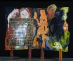 <em>As She Dances And Whirls</em>, 1996. H. 5&sbquo; x W. 6&sbquo; Acrylic, oil, collage, oil sticks and paper mache on wood screen &copy; Carlos Ortiz