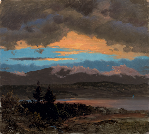 Frederic Edwin Church (American, 1826-1900), <em>Sunset across the Hudson Valley, New York</em>. U.S.A., 1870. Brush and oil paint, graphite on thin cream color paperboard. Gift of Louis P. Church, 1917-4-582-c. Photo: Matt Flynn