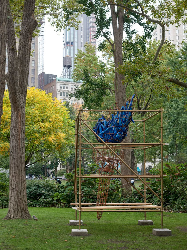 Abigail DeVille. Light of Freedom, 2020. Welded steel, cabling, rusted metal bell, mannequin arms, metal scaffolding, wood, 156 x 96 x 96 inches approximately. Collection the artist. Madison Square Park Conservancy, New York. Photo: Andy Romer.