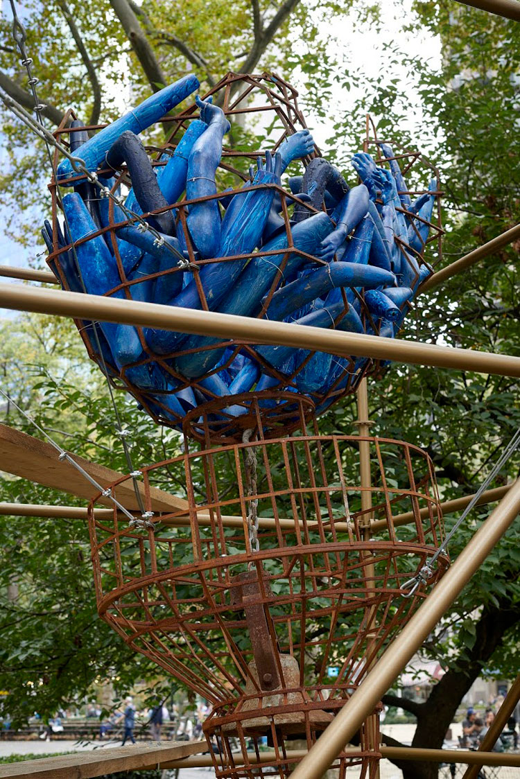 Abigail DeVille. Light of Freedom, 2020. Welded steel, cabling, rusted metal bell, mannequin arms, metal scaffolding, wood, 156 x 96 x 96 inches approximately. Collection the artist. Madison Square Park Conservancy, New York. Photo: Andy Romer.