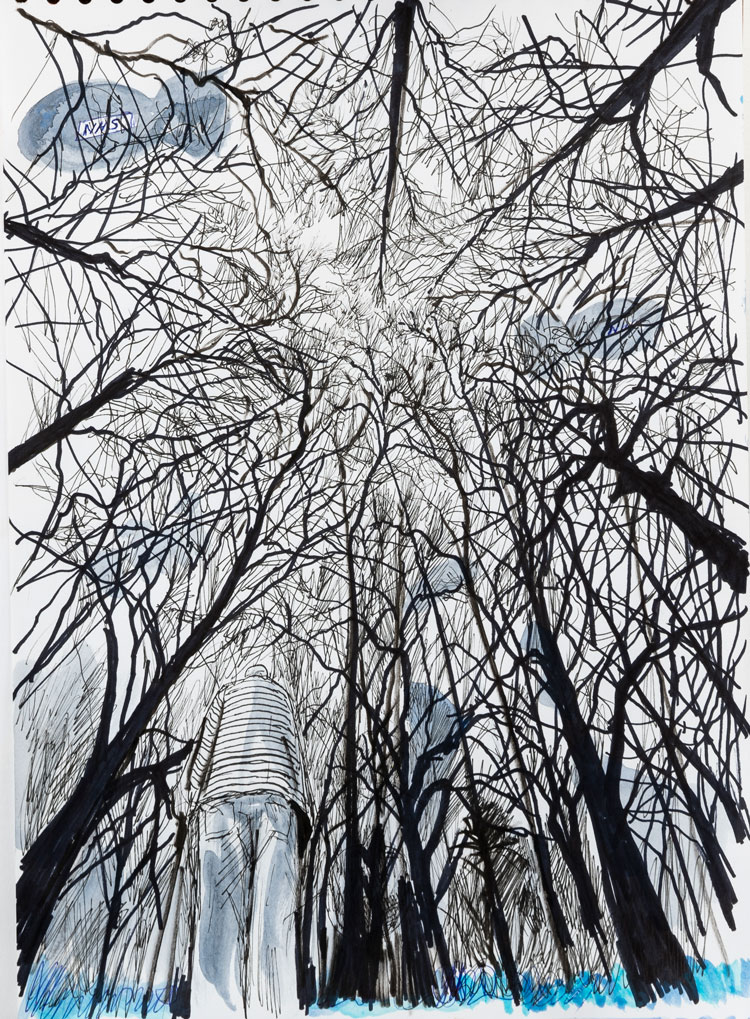 David Downes. Lockdown Blues, 2020. Pen, ink and acrylic on paper.