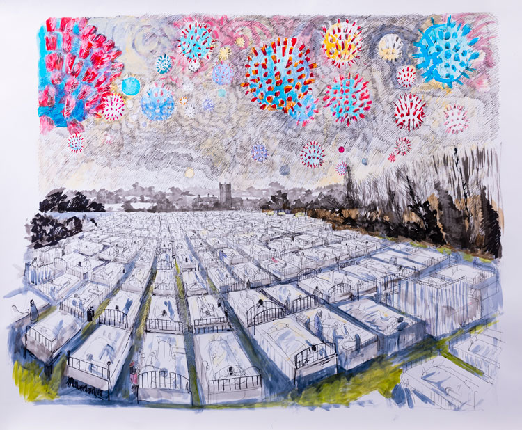 David Downes. Where Once There Were Fields, 2020. Pen, ink and acrylic on paper.