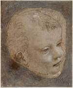 Leonardo da Vinci (1452&ndash;1519).<em> Cartoon for the head of the infant Saint John the Baptist</em>, about 1482&ndash;3. Metalpoint with traces of pen and ink and wash heightened with white on prepared paper, pricked for transfer, 13.4 x 11.9 cm (irregularly cut) mounted on paper, 16.9 x 14 cm. Mus&eacute;e du Louvre, Paris, D&eacute;partement des Arts Graphiques (2347). &copy; RMN / Mich&egrave;le Bellot. 
