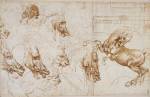 Leonardo da Vinci. Horses in action, with studies of expression horses, lion and man, and an architectural groundplan, c.1505. 19.6 x 30.8 cm. Pen and ink. Royal Collection &copy; 2006 Her Majesty Queen Elizabeth II.