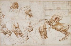 Leonardo da Vinci. Horses in action, with studies of expression horses, lion and man, and an architectural groundplan, c.1505. 19.6 x 30.8 cm. Pen and ink. Royal Collection &copy; 2006 Her Majesty Queen Elizabeth II.