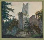 Carl Philipp Fohr (1795-1818). The Ruins of Hohenbaden, 1814-15. Watercolour on wove paper; ruled border in brown ink; partially laid down on the original green wove paper album folio, 195 x 221 mm. 	The Morgan Library & Museum.