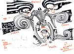 Pen and ink drawing by Prof Stephen Farthing RA, made from an early 19th century pen and ink drawing of Kona Kona&rsquo;s facial tattoos by J Tooi, which is held in Auckland City Library.