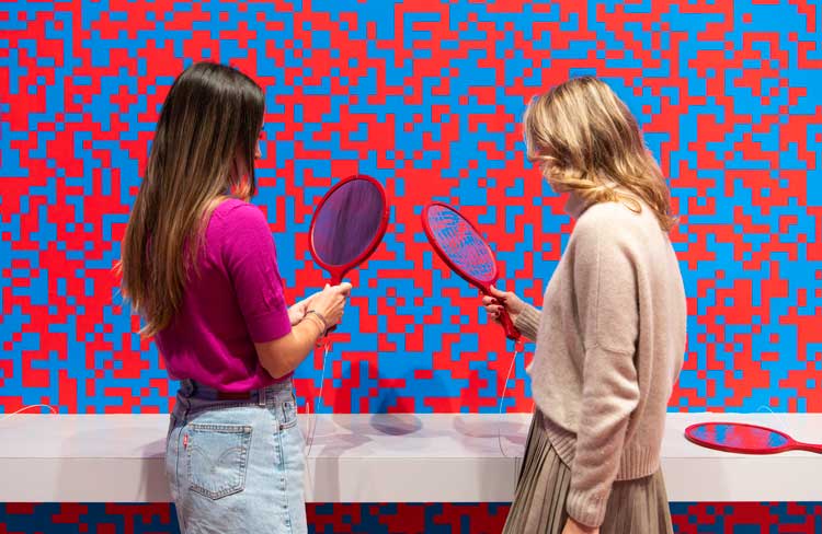 François Morellet, Random distribution of squares, 1963 and Julio Le Parc, Double Mirror, 1966, installation view in Electric Dreams, Tate Modern, 2024. Photo © Tate (Lucy Green).