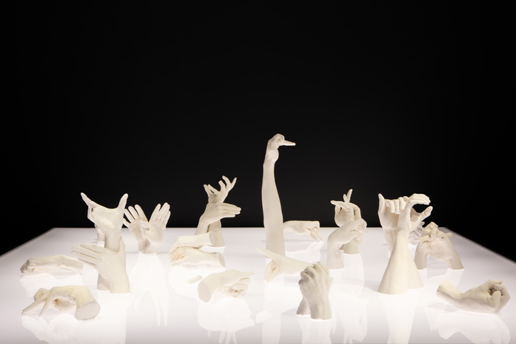 Marcus Coates. Extinct Animals, 2018. Plaster of Paris, cast from the artist’s hands. Installation view, The Extended Mind, 2019. Image courtesy Talbot Rice Gallery, The University of Edinburgh.