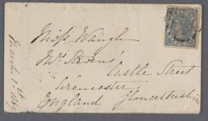 Unknown. Envelope from Victoria to UK, 1st March 1869&ndash;69. 6.8 x 12.1 cm (envelope). Private collection, Victoria.