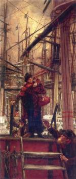 James Tissot (France 1836&ndash;1902, lived in England 1871&ndash;82). <em>The Emigrants</em> 1873. Oil on wood panel, 39.4 x 17.8 cm. Private collection, Los Angeles. Photograph courtesy of Kings Galleries Corp., USA.