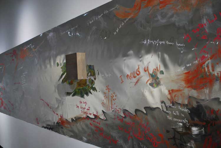 Saba Farhoudnia. Can You See Yourself? 2022. Lipstick, oil marker, acrylic on reflective mylar, 48 x 264 in. Photo: Farzan Ghasemi.