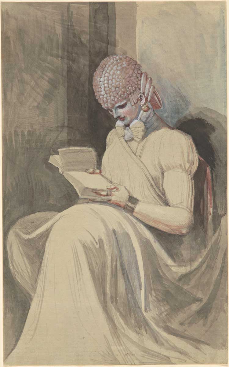 Henry Fuseli. Seated Woman (Sophia Fuseli?) in curls, reading, c1796. Brush and watercolour and opaque watercolour, over graphite, traces of red chalk, 36.5 x 22.8 cm. Zürich, Kunsthaus Zürich, Collection of Prints and Drawings, 1938.