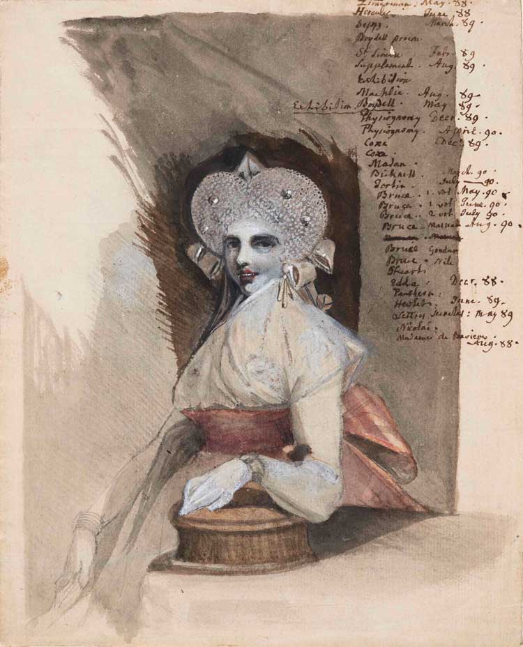 Henry Fuseli. Sophia Fuseli, seated at a table (drawn over a list of Fuseli’s articles for the Analytical Review), c1790-91. Pen and brown ink, brush and watercolour, over graphite, heightened with white opaque watercolour, 22.7 x 15.7 cm. Auckland, Auckland Art Gallery Toi o Tāmaki, purchased 1965.