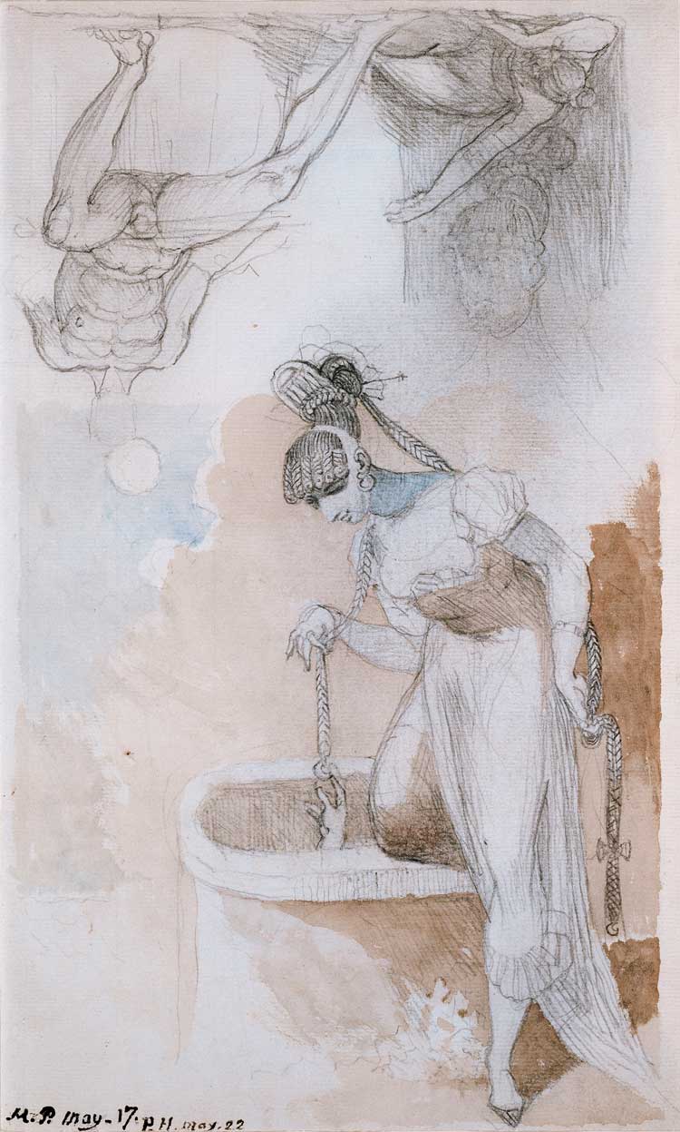 Henry Fuseli. Woman with long plaits teasing a figure trapped in a well; and subsidiary study of Ezzelin and Meduna, 1817- 22. Graphite and black chalk, brush and watercolour, 32.1 x 19.4 cm. Dresden, Staatliche Kunstsammlungen, Kupferstichkabinett.