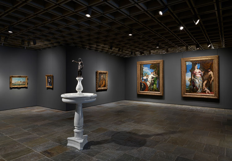 Room 11: This grand gallery of Italian Renaissance paintings includes work by Veronese (back right wall) as well as Titian. Centrally located is a bronze by Francesco da Sangallo, placed atop a replica of its original base. To the left, in Room 12, are works by later Venetian masters Guardi, Tiepolo, and Carriera. Photo: Joe Coscia, courtesy The Frick Collection.