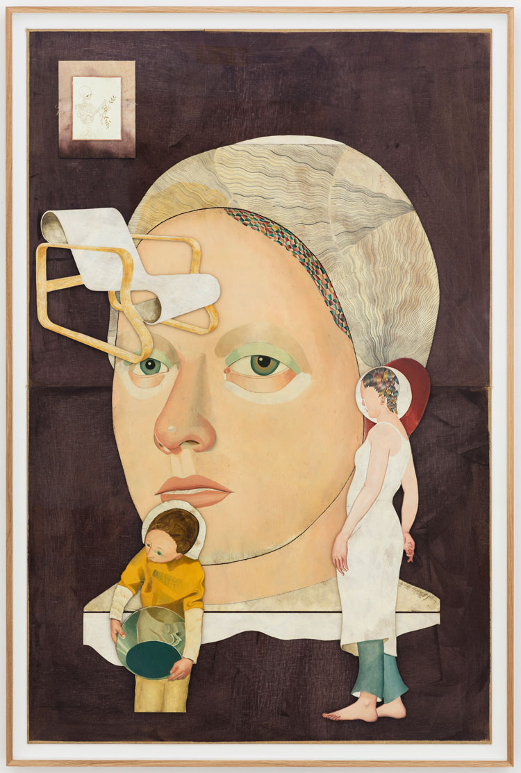 Jens Fänge, Grande Tête (Aalto), 2020. Oil, vinyl, inks on textile, copper plate and panel, 188 × 126 cm / unframed 178 × 116 cm. © Nora Bencivenni & Felix Berg. Courtesy the artist and Perrotin.