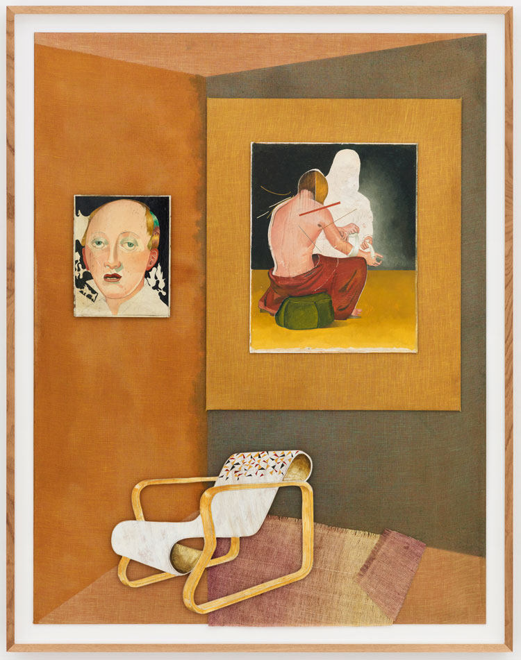 Jens Fänge, Healings, 2020. Oil and vinyl on textile and panel, 126 × 99 cm / unframed 116 × 89 cm. © Nora Bencivenni & Felix Berg. Courtesy the artist and Perrotin.