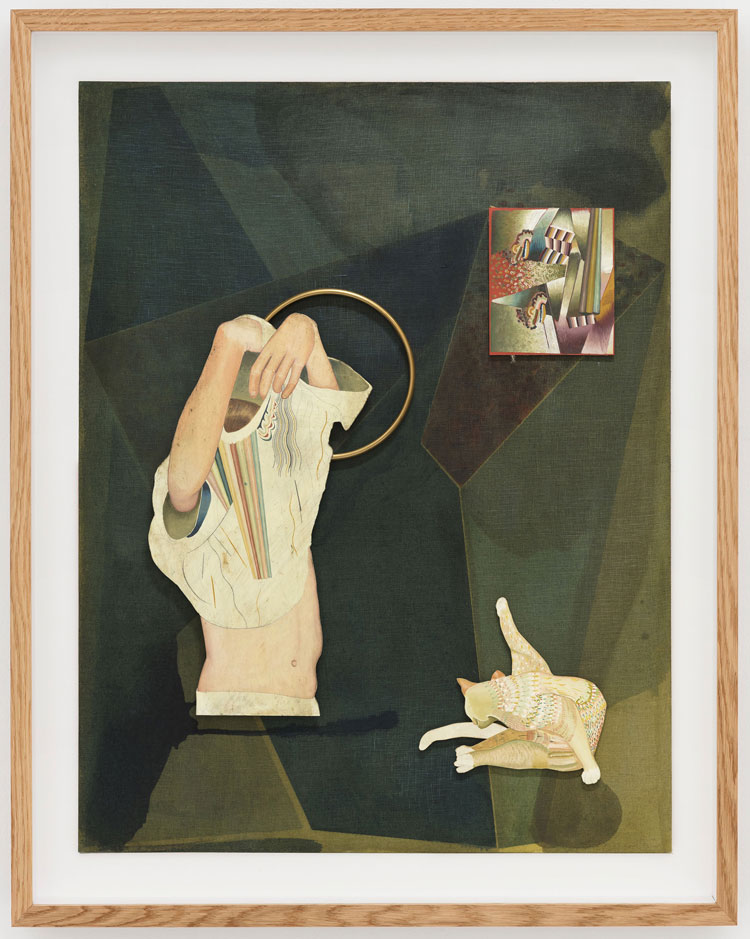 Jens Fänge, The Circle Opens, 2020. Wood, linoleum, oil and vinyl on textile and panel, 126 × 99 cm / unframed 116 × 89 cm. © Nora Bencivenni & Felix Berg. Courtesy the artist and Perrotin.